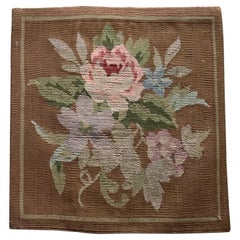 Vintage Light Brown Ivory Floral French Provincial Square Needlepoint Pillow