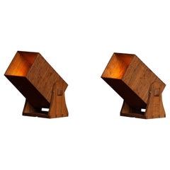 1960's Pair Brutalist Teak wooden Square Danish Spots / Wall Lights / Sconces