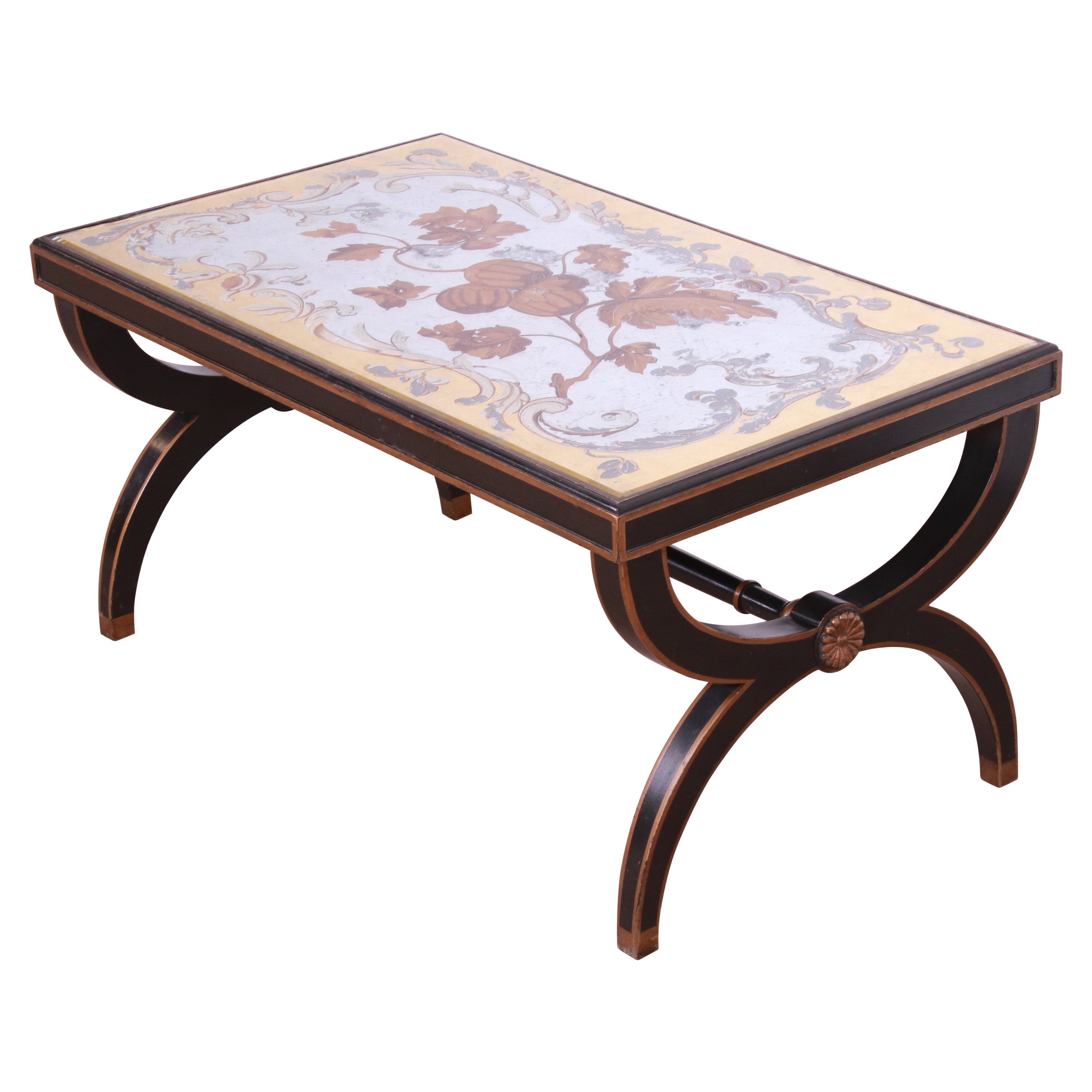Baker Furniture Hollywood Regency Cocktail Table with Reverse Painted Top