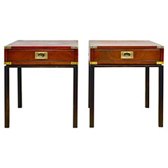Pair of Mid Century Campaign Style Walnut One Drawer End Tables on Metal Bases
