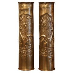 Used Pair of World War I French "Verdun" Trench Artillery Brass Shell Casing Vases