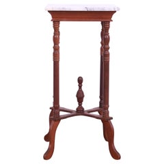 Antique Victorian Carved Walnut Marble Top Side Table or Plant Stand, Circa 1900