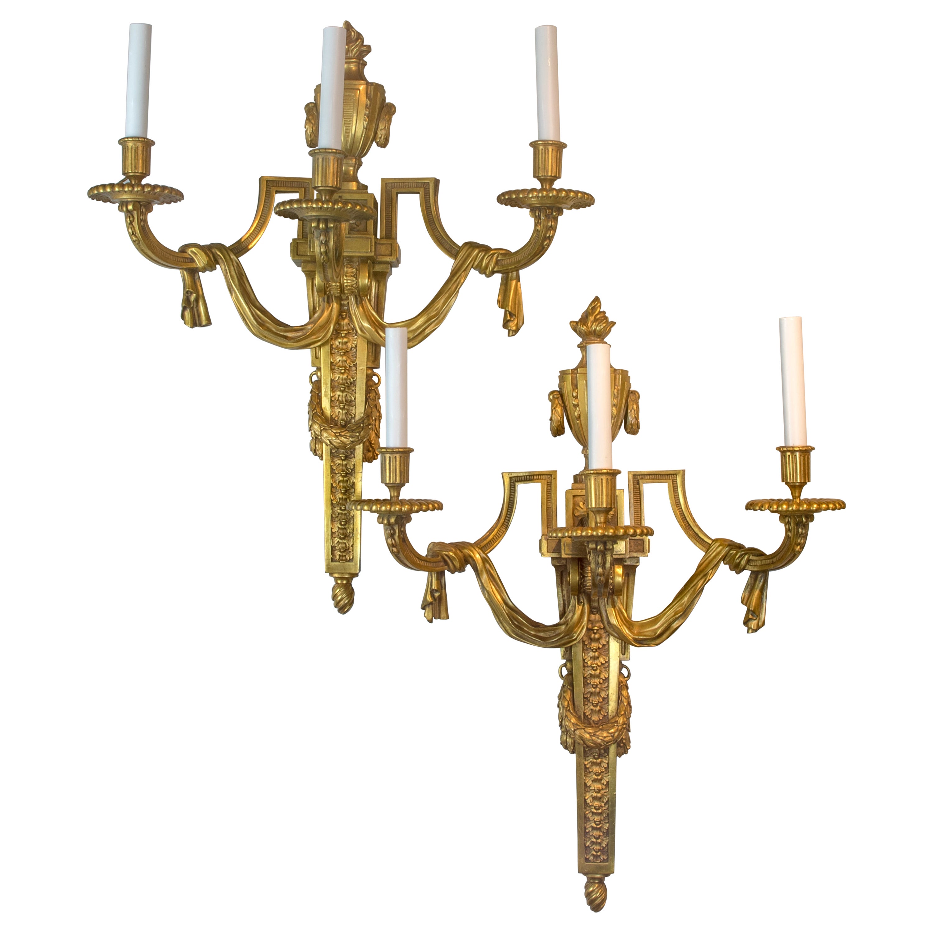 Fine Pair of French Gilt-Bronze Three Light Sconces