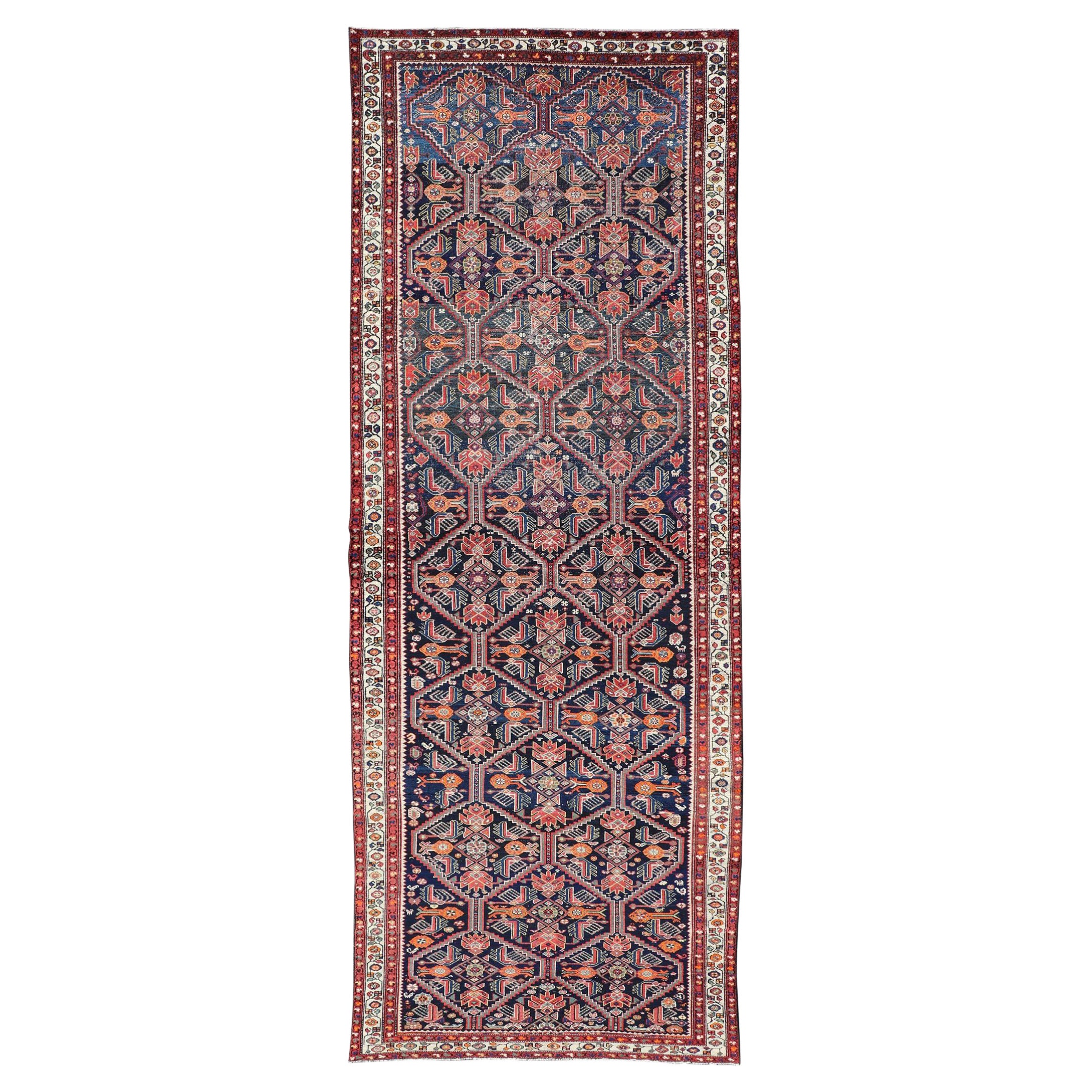Antique Persian Gallery Hamadan Runner in Blue Background, Multi Colors For Sale