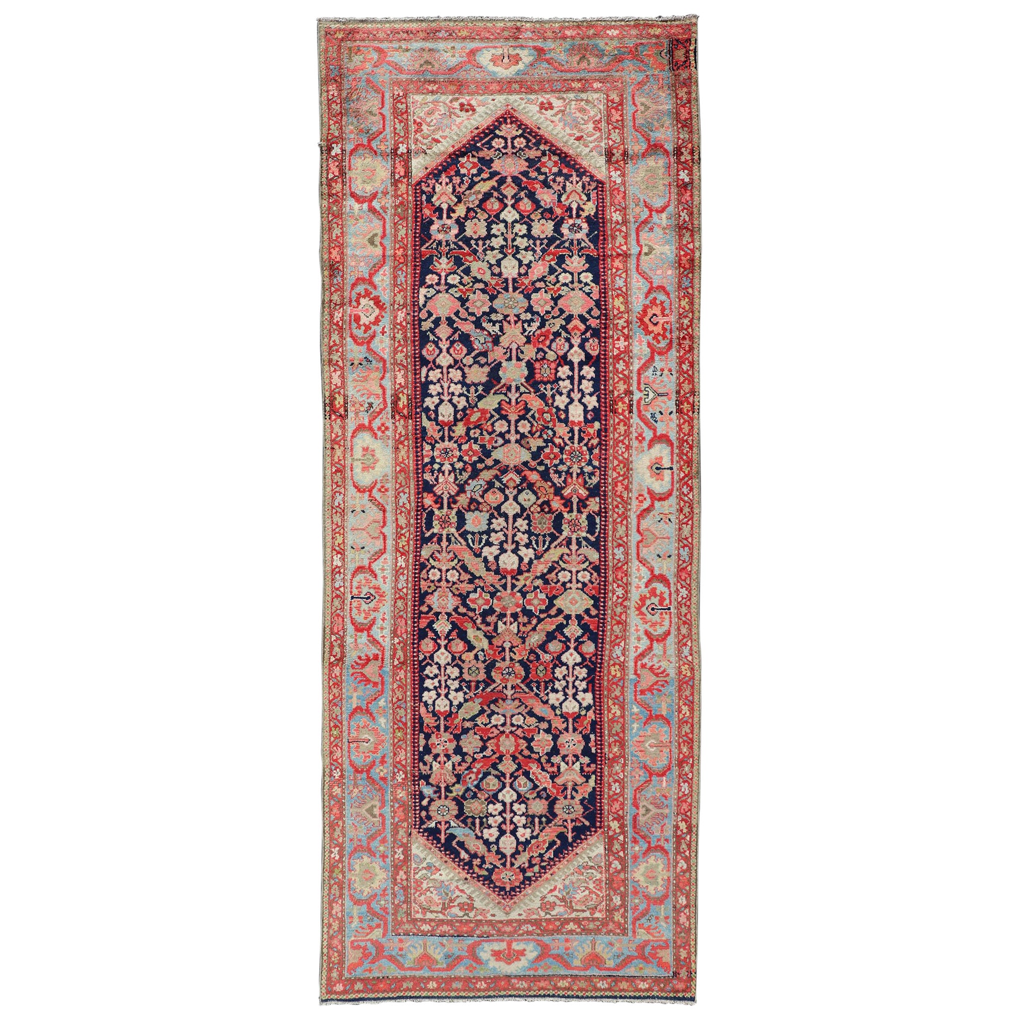 Antique Persian Gallery Hamadan Runner in Blue Background with Multi Colors For Sale