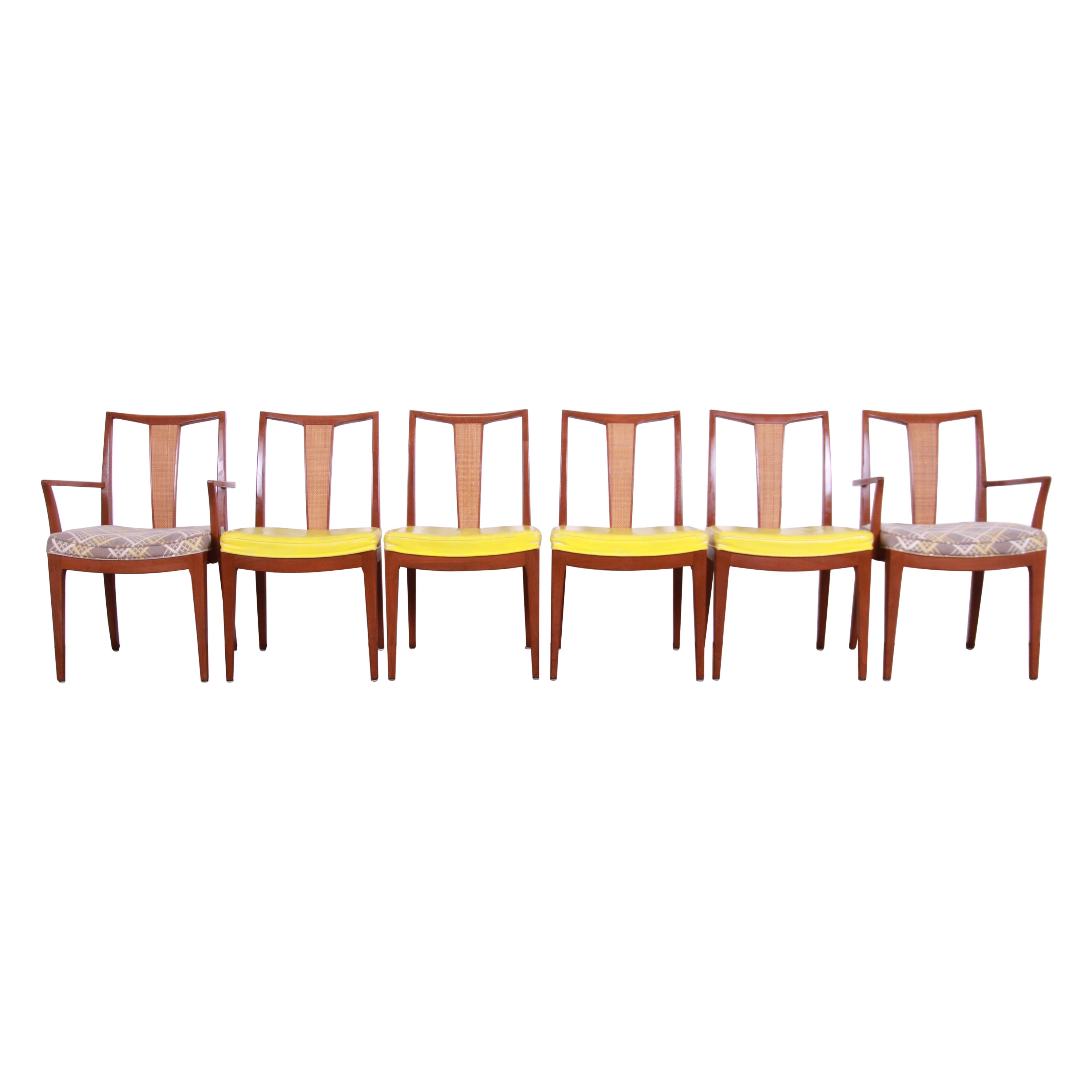Baker Furniture Mid-Century Modern Sculpted Walnut and Rattan Dining Chairs