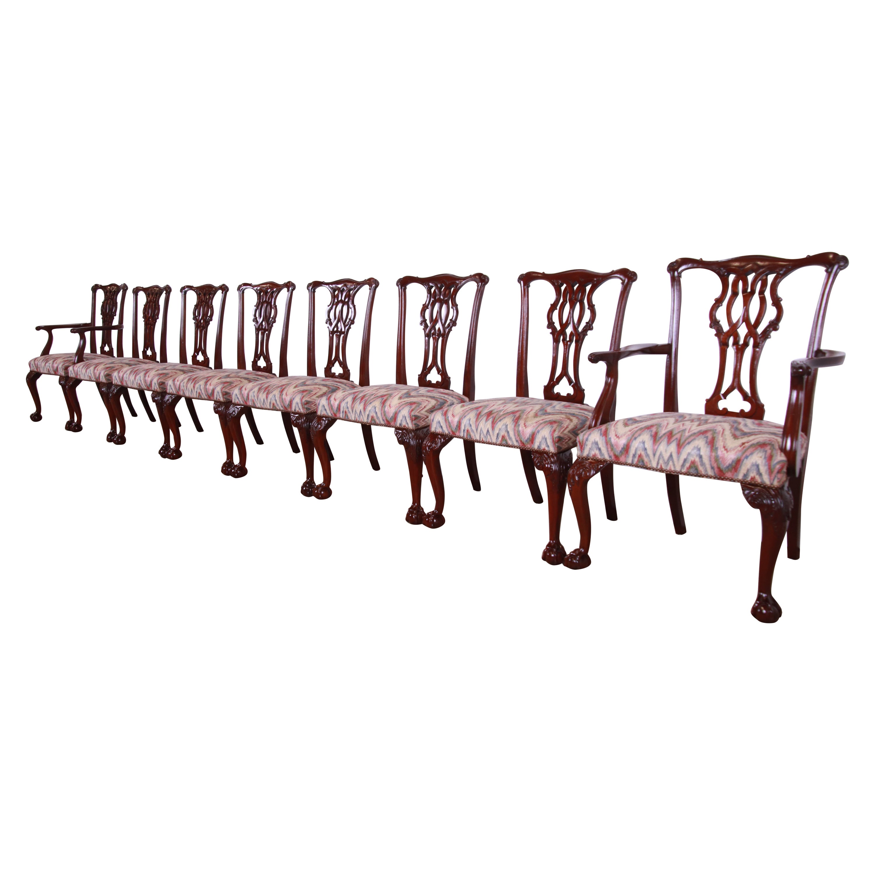Baker Furniture Chippendale Carved Mahogany Dining Chairs, Set of Eight