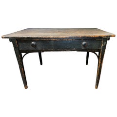 19th C American Industrial Wooden Work Table in Green Paint with Lined Top