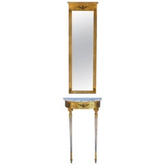 Console en bois doré et marbre de style Louis XVI et miroir des années 1950, France 