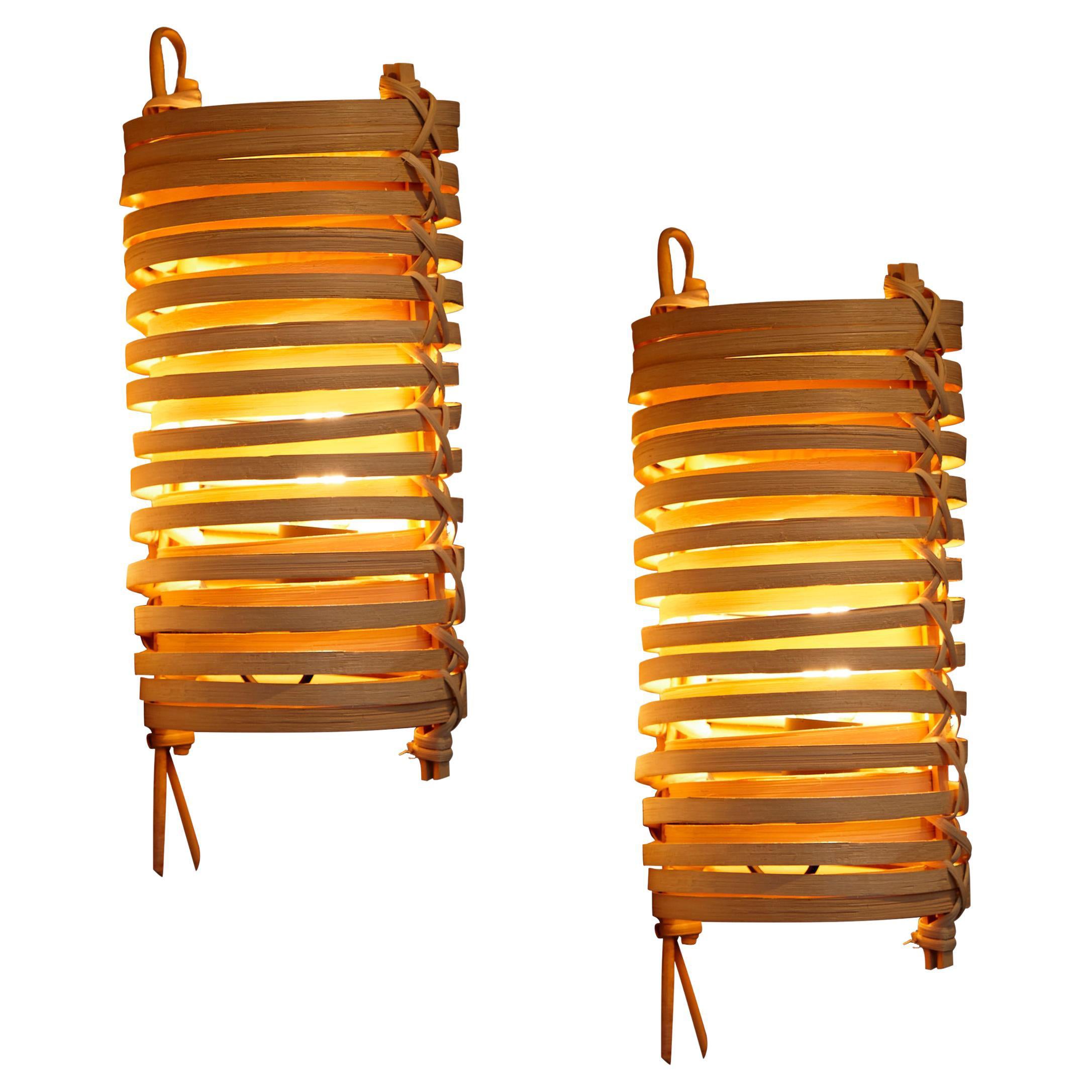 Pair of J.A. Coderch 'Junco' Rattan Cane Wall Lamps for Tunds at 1stDibs