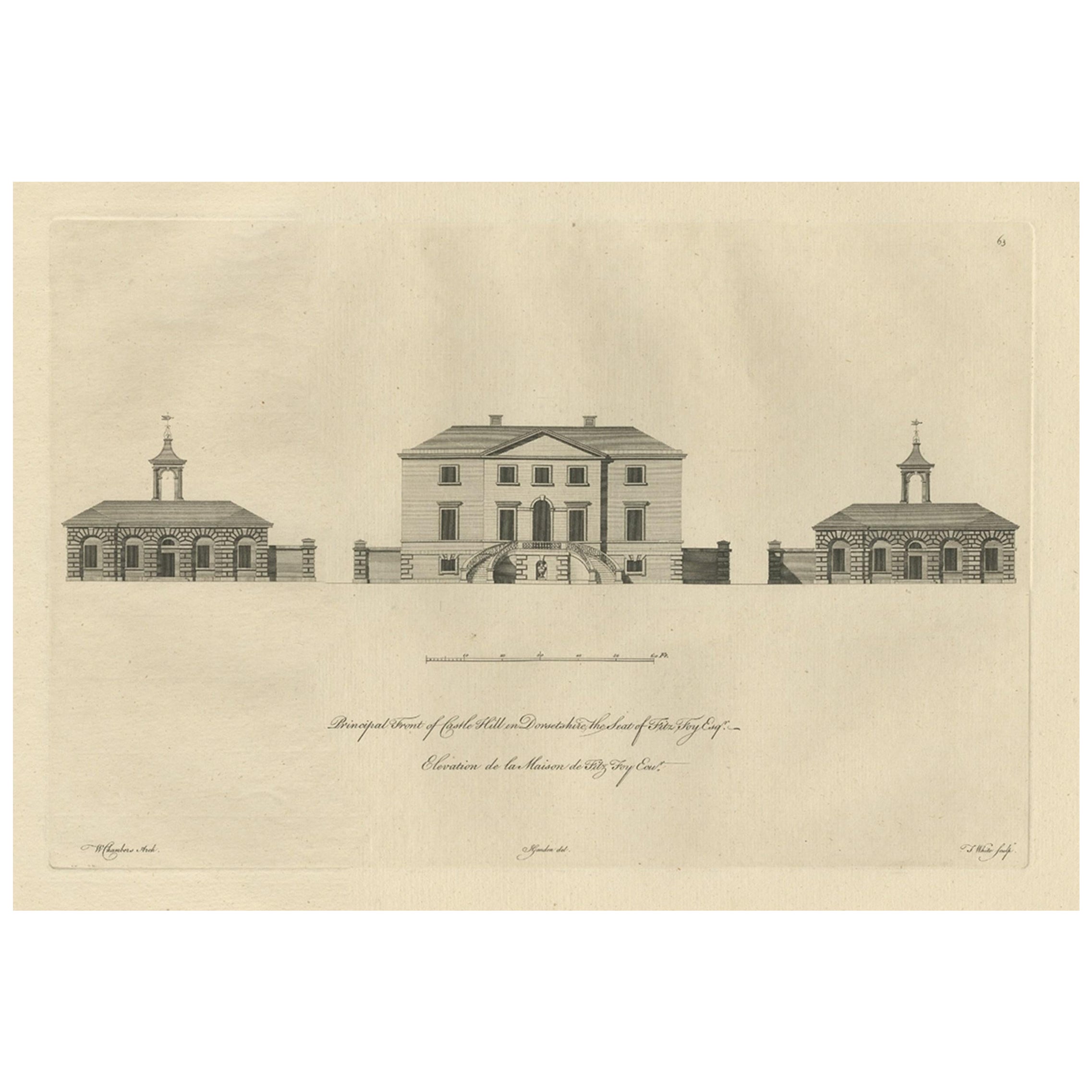 Antique Print of the Main Facade of Castle Hill, Dorsetshire, England c.1770 For Sale
