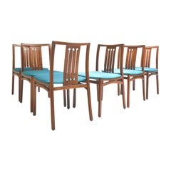 1960, Set of Six Vintage Dining Chairs, Seat in Teal Fabric and Wooden Structure