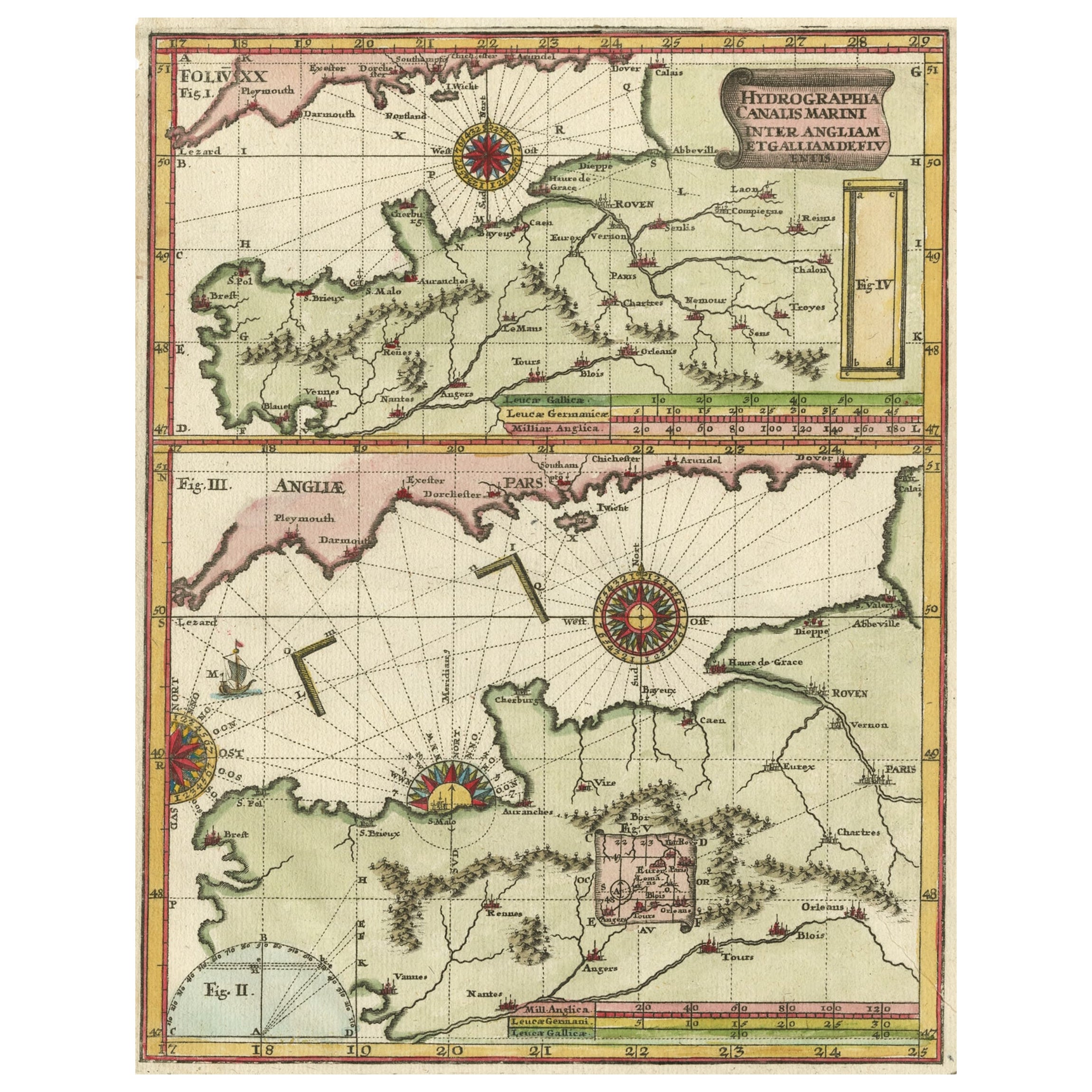 Two Charts of The English Channel, Each Adorned with Nice Compass Roses, ca.1700 For Sale