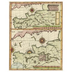 Antique Two Charts of The English Channel, Each Adorned with Nice Compass Roses, ca.1700