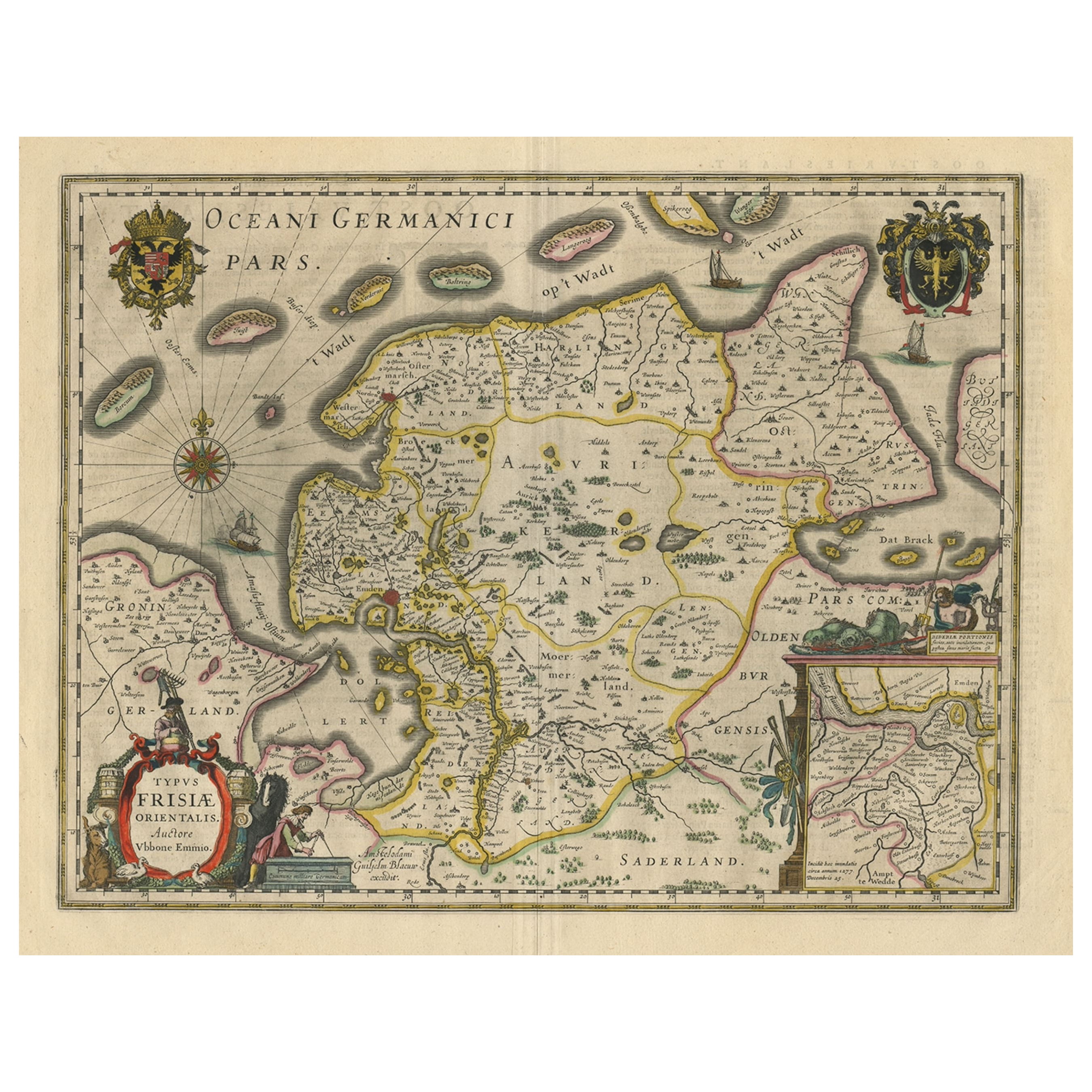 Map of East Friesland, The Netherlands & the Area Emden & Norden, Germany, 1635 For Sale