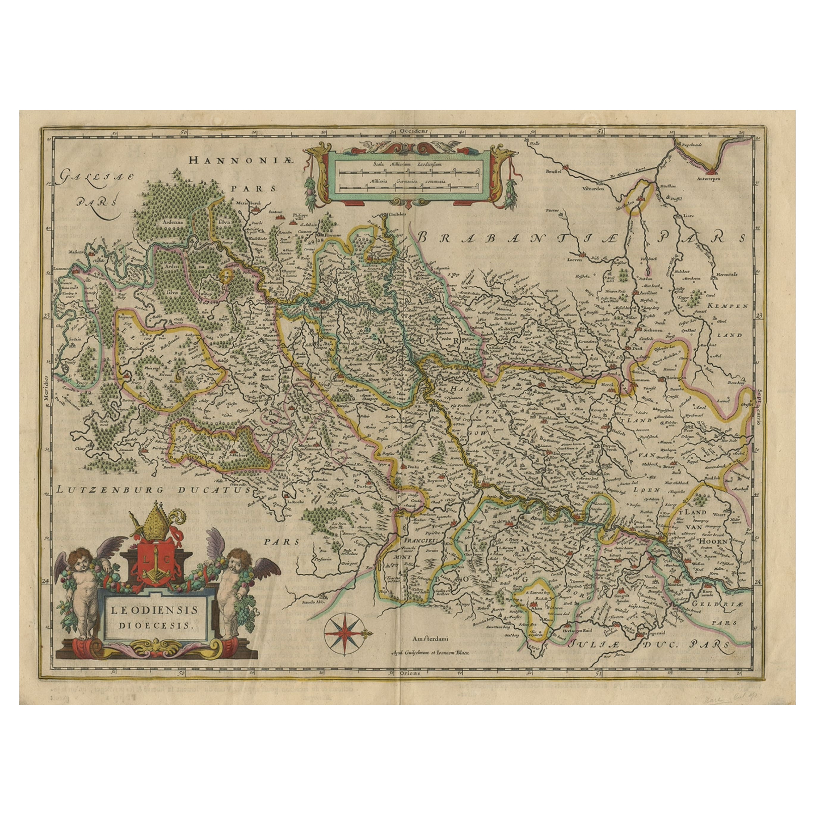 Antike Karte der niederländischen und belgischen Provinzen Limburg, Namen und Ardennes, ca. 1635
