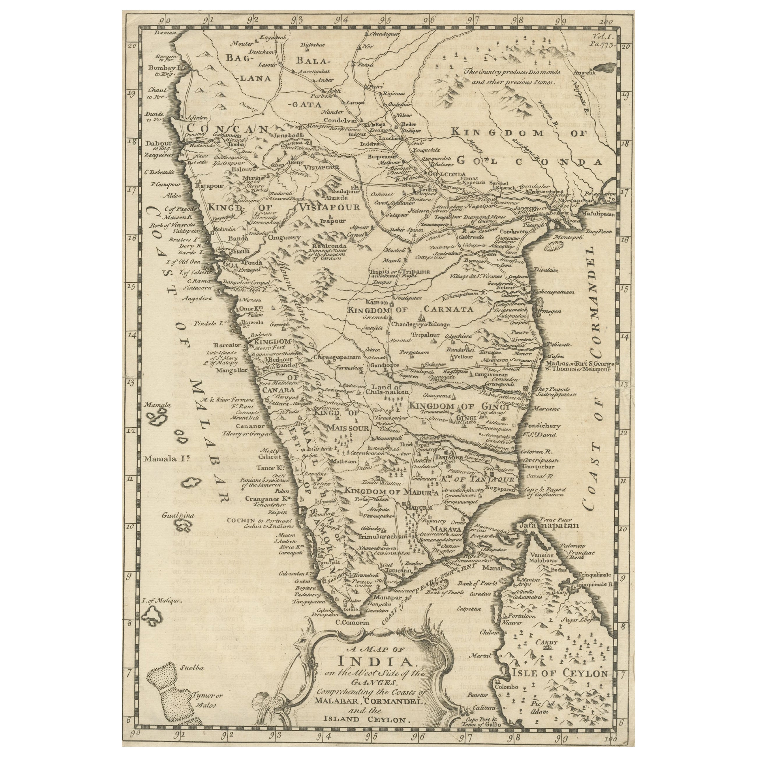Detaillierte antike Karte von Südindien und dem größten Teil von Ceylon, 1744