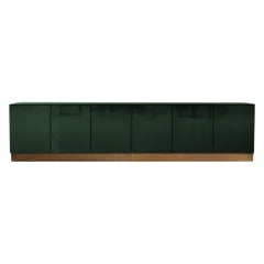 Promenade Low Unit Handcrafted in Green High Gloss Steel with Oxidised Brass