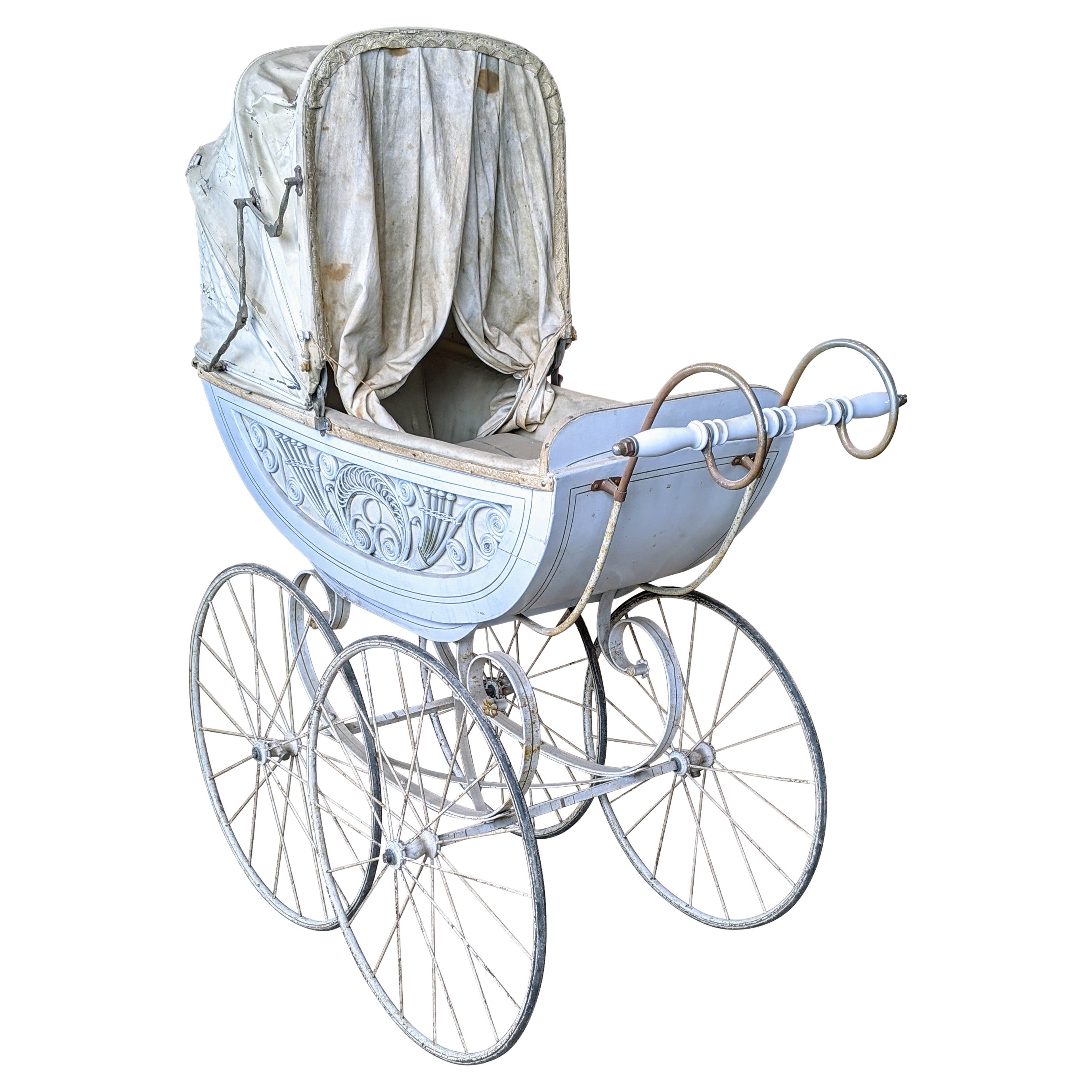 Finely Decorated White Baby Carriage, End of the 19th Century For Sale