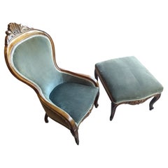 Velvet Lined Armchair with Pouf, Louis Philippe, Solid Walnut, 1800
