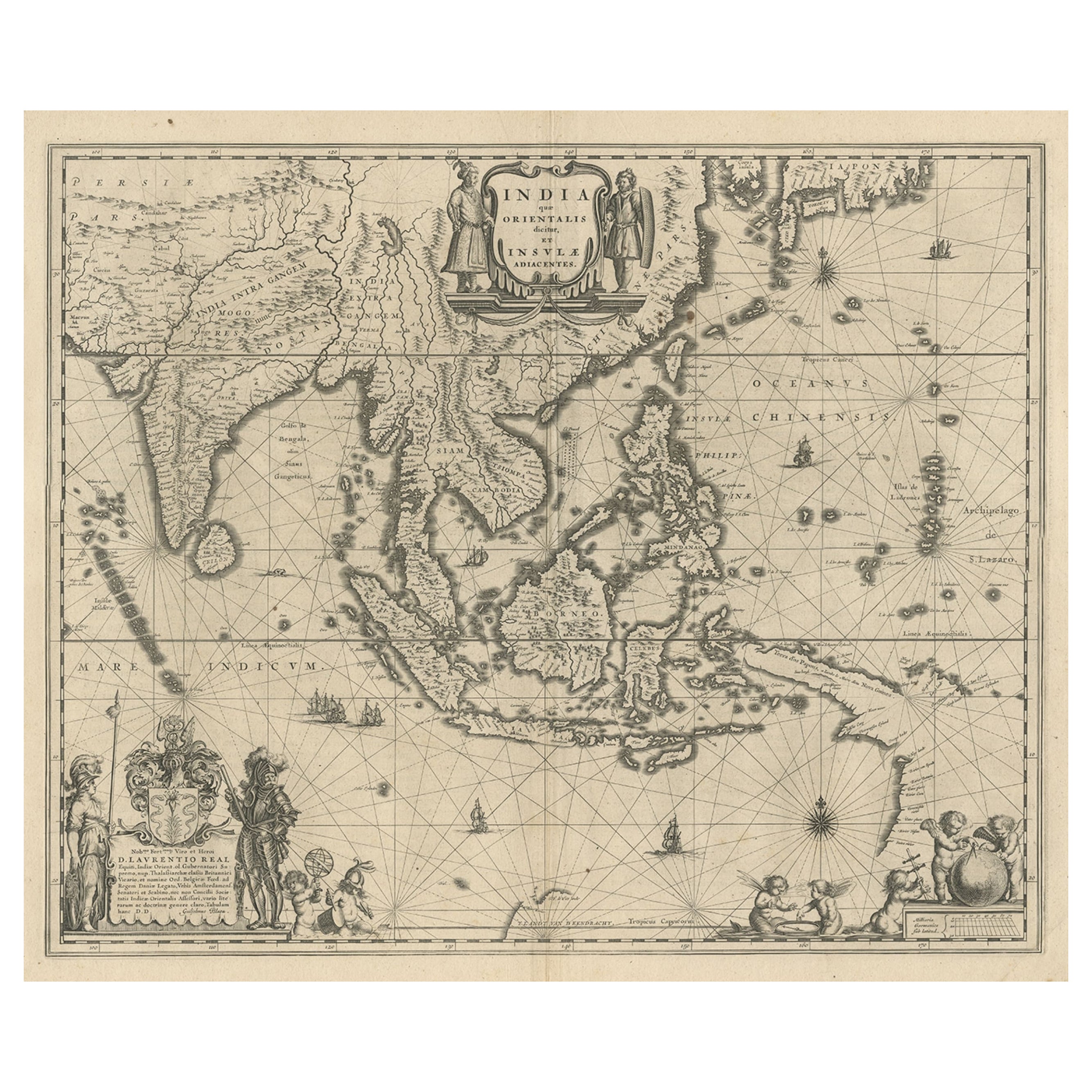 Carte du Southeast Asia, s'étendant de l'Inde au Tibet et du Japon à la Nouvelle-Guinée, 1640 en vente