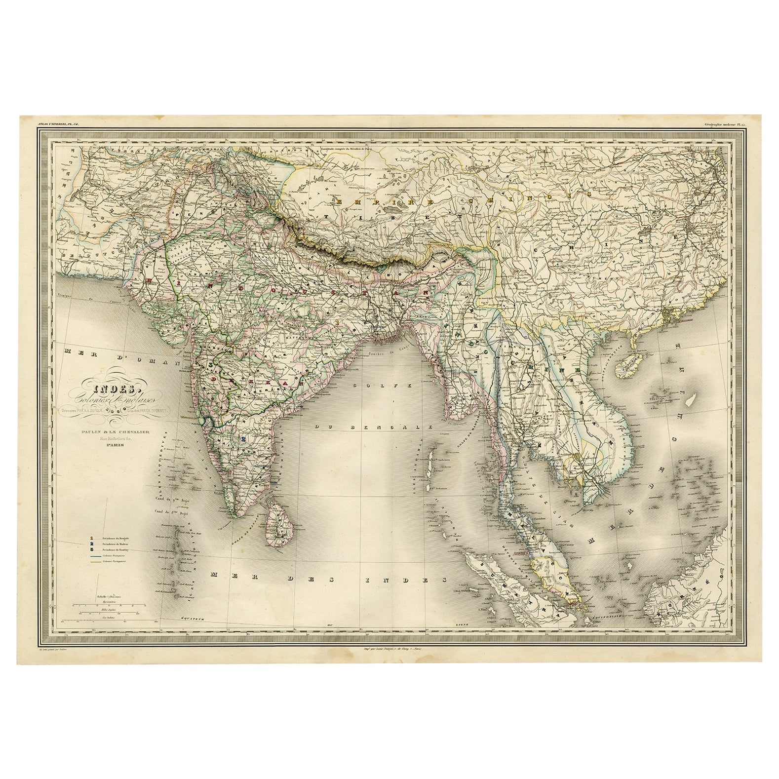 Superbe grande carte de l'Inde britannique, de l'Empire chinois, de l'Indochine, de Malaisie, 1860