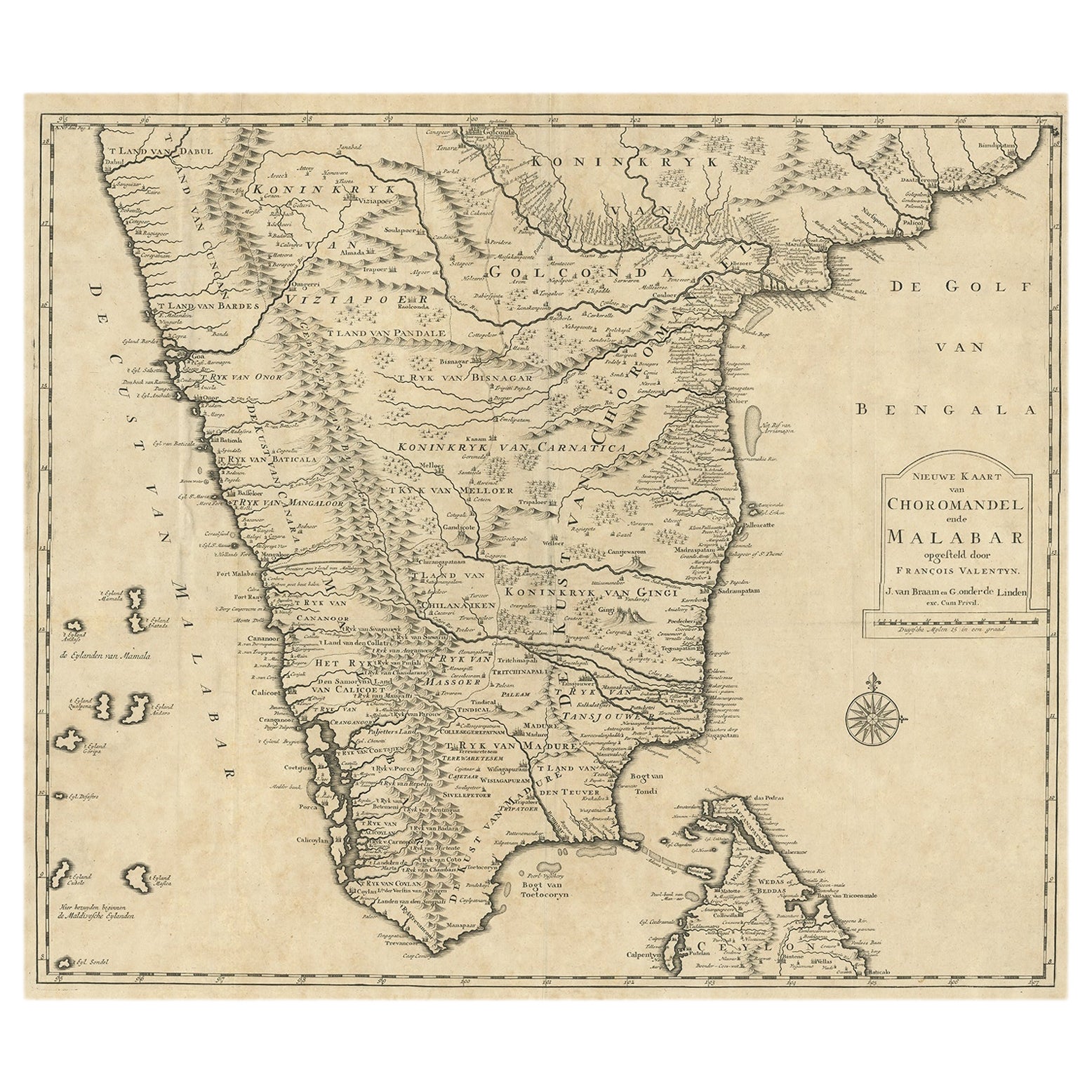 Ancienne carte originale de Chormandel & Malabar, Inde et Ceylan, aujourd'hui Sri Lanka, 1726