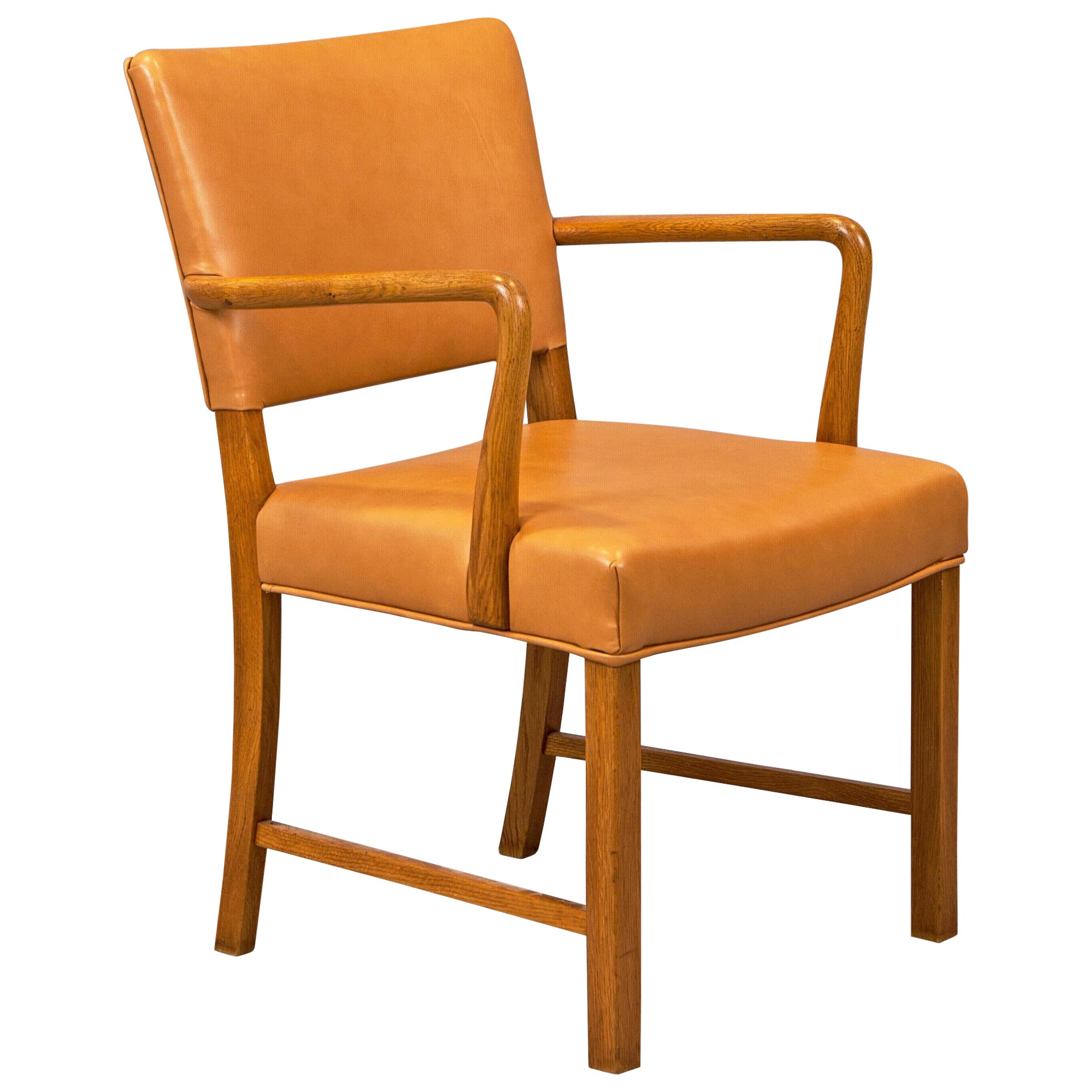 1930s Solid Oak and Leather Armchair Attributed to Kaare Klint