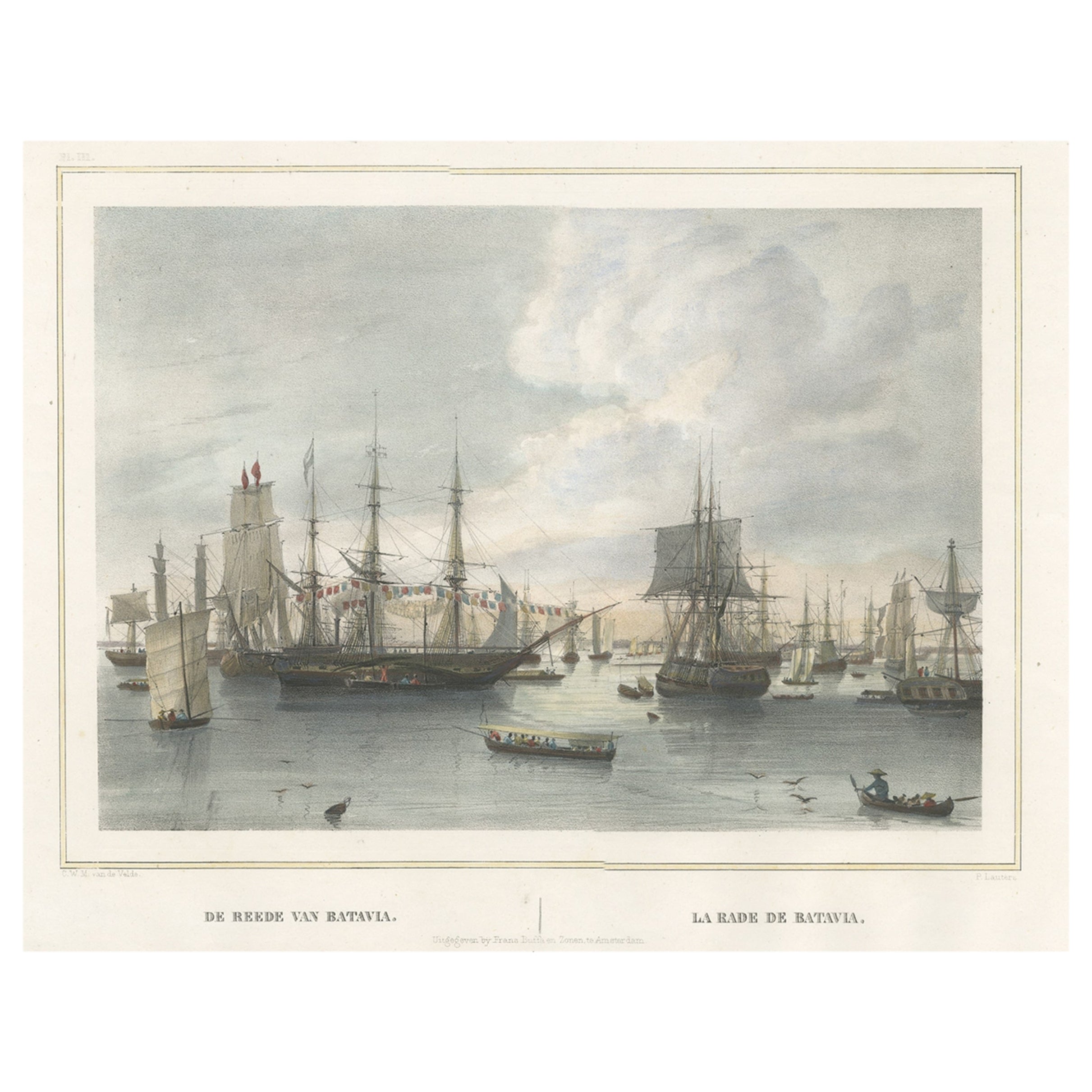 Old Print von ostindischen Handelsschiffen in der Nähe von Batavia „Jakarta, Indonesien“, 1844 im Angebot
