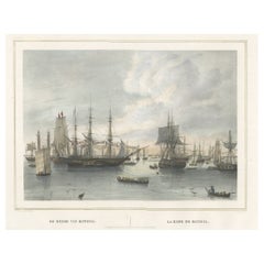 Ancienne estampe de navires de marchands de l'Inde orientale près de Batavia (Jakarta, Indonésie), 1844