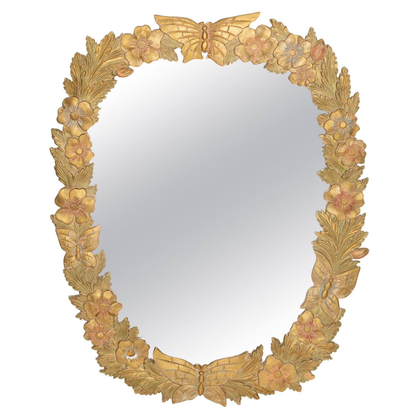 Giant Decorative Gold Wood Mirror with Butterfly and Flowers, Italy, 1960s For Sale