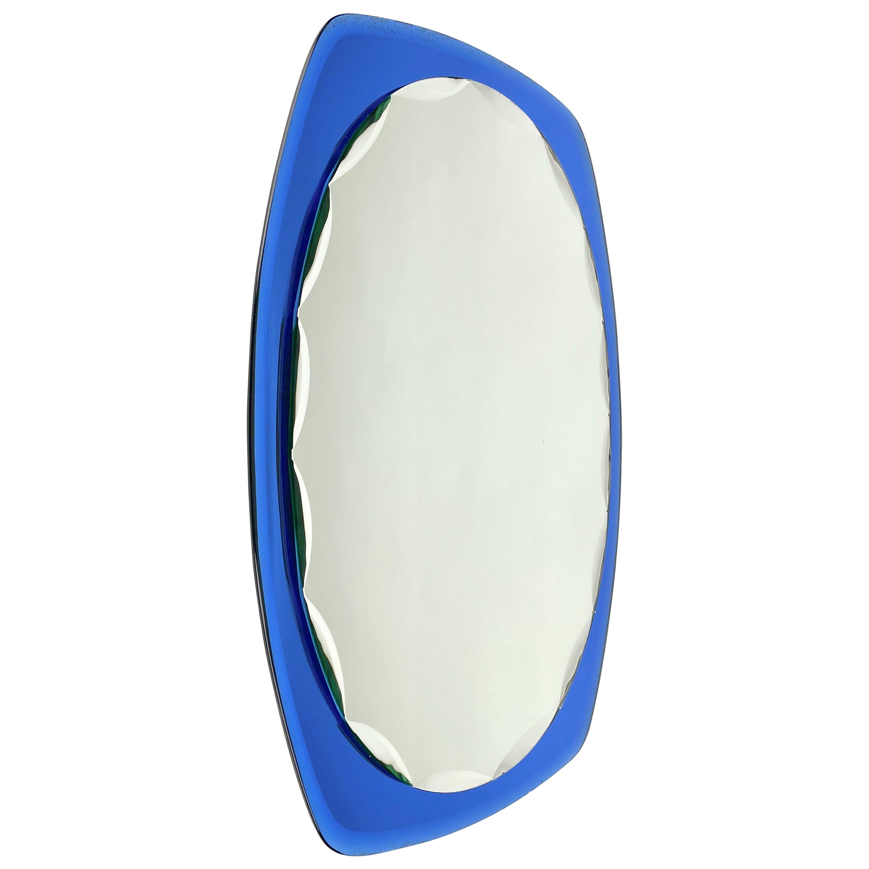 Midcentury Oval Wall Mirror Blue by Cristal Art, Italy, 1960s For Sale