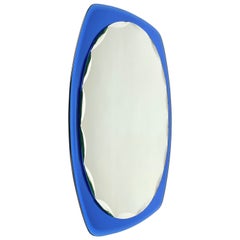 Midcentury Oval Wall Mirror Blue by Cristal Art, Italy, 1960s