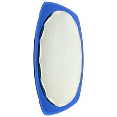 Vintage Midcentury Oval Wall Mirror Blue by Cristal Art, Italy, 1960s