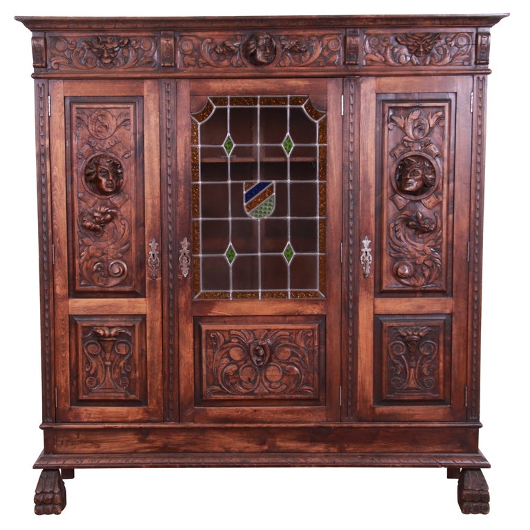 Antique French Ornate Carved Walnut, Antique French Bookcase With Glass Doors