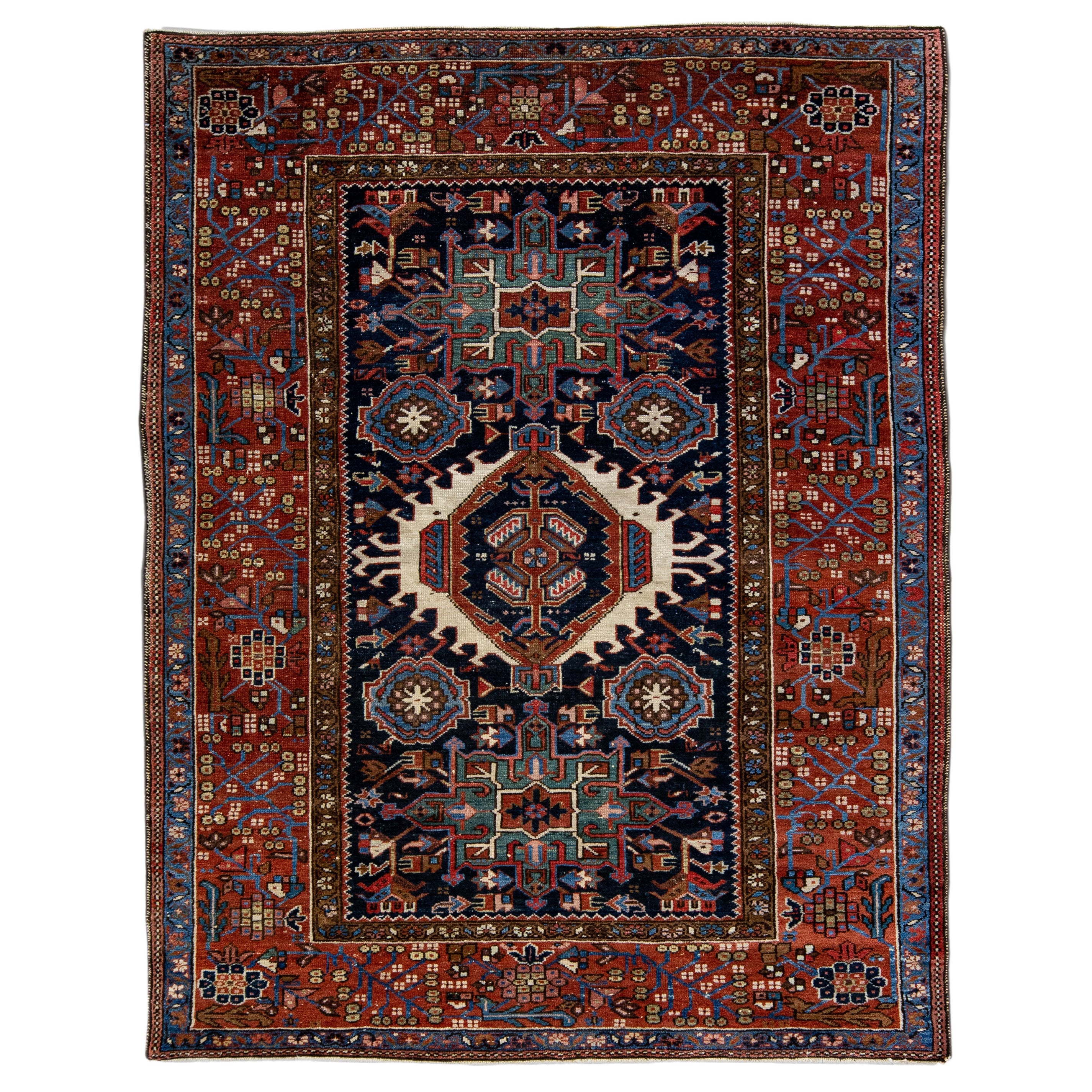 Antique Heriz Handmade Medallion Blue and Red Wool Rug For Sale
