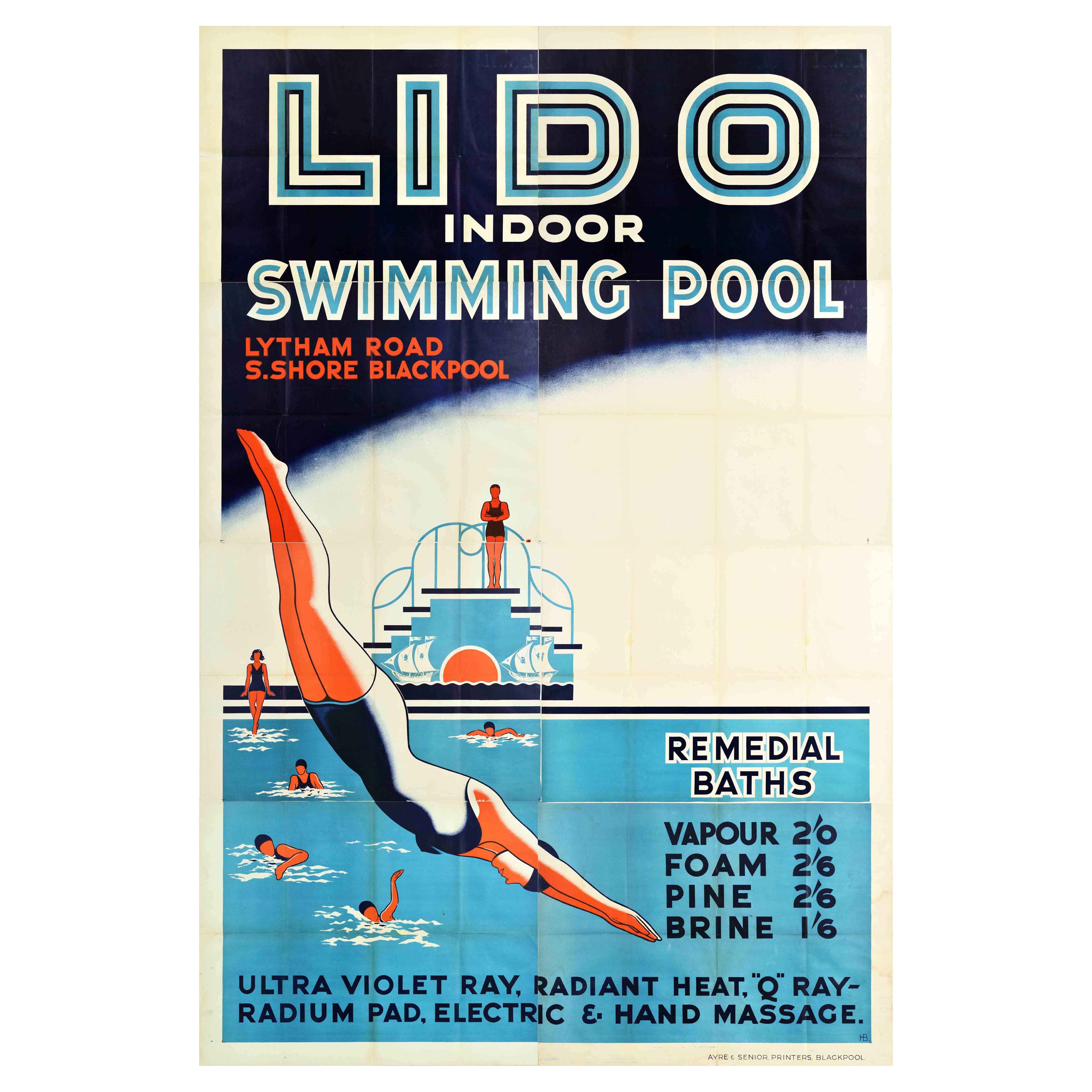 Original Vintage Poster Blackpool Lido Indoor Swimming Pool Seaside Resort Spa For Sale