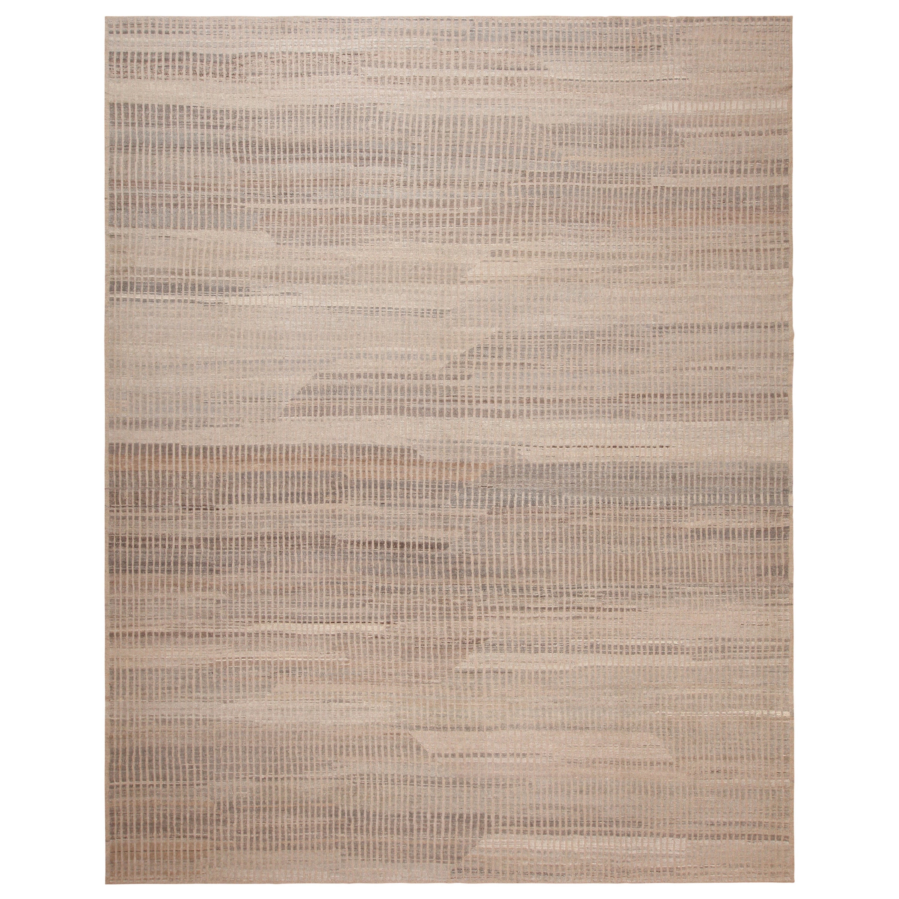 Nazmiyal Collection Taupe Color Modern Distressed Rug. 12 ft 5 in x 15 ft 2 in  For Sale