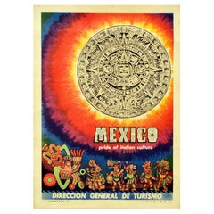 Original Vintage Travel Poster Mexico Pride Of Indian Culture Aztec Sun Stone