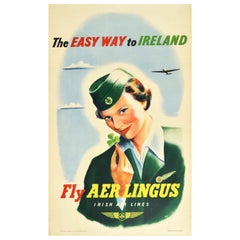 Original Vintage Travel Poster The Easy Way To Ireland Fly Aer Lingus Shamrock