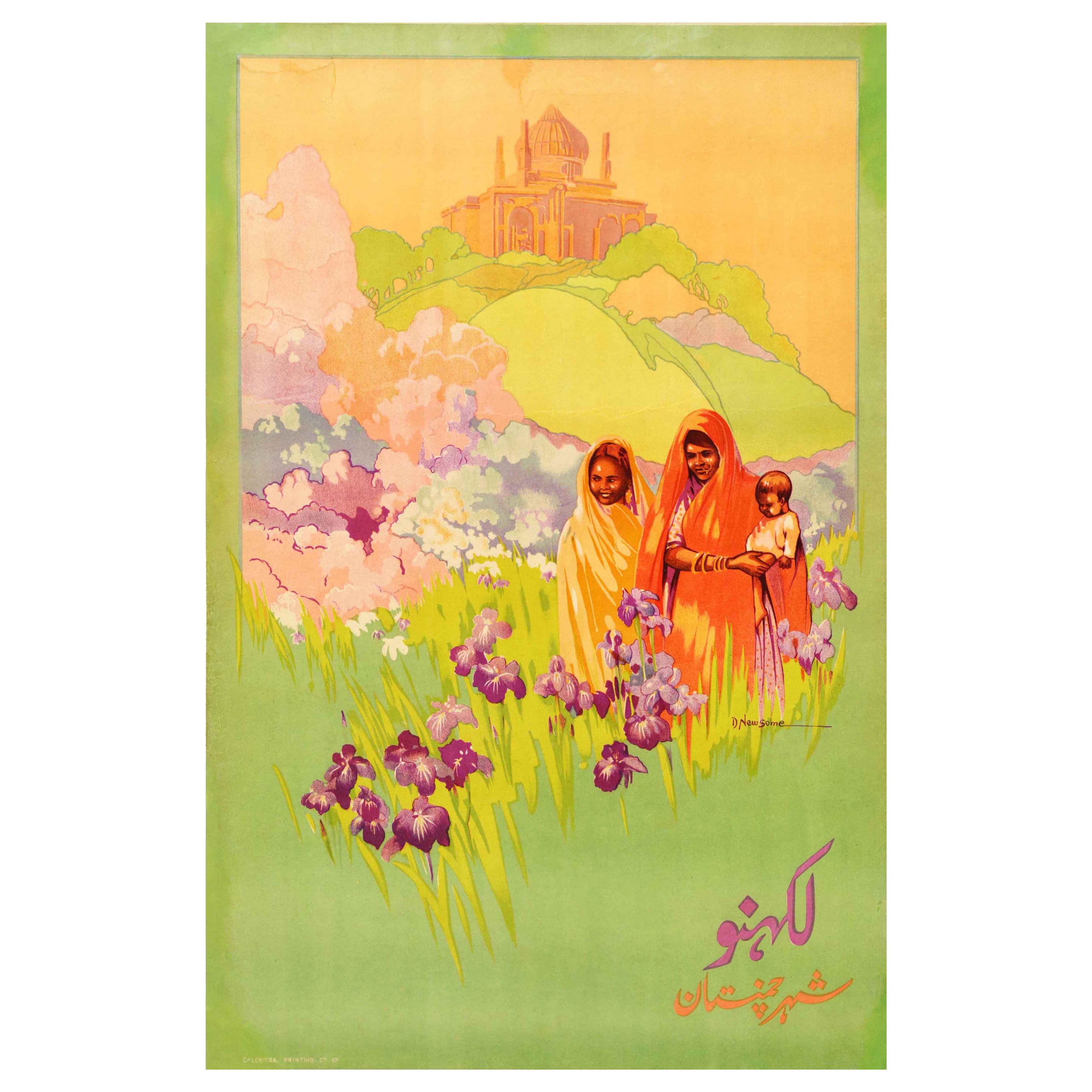 Original Vintage-Reiseplakat Lucknow, Indien, Gärten mit Iris-Blumen Chota Imambara