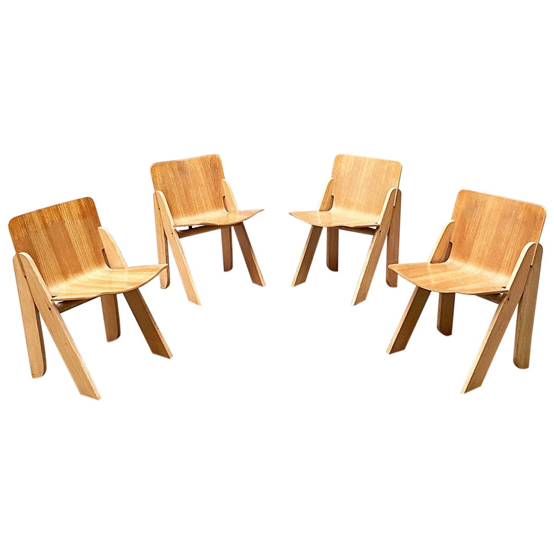 Italian Mid Century Wood Set of Peota Chairs by Gigi Sabadin for Stilwood, 1970s