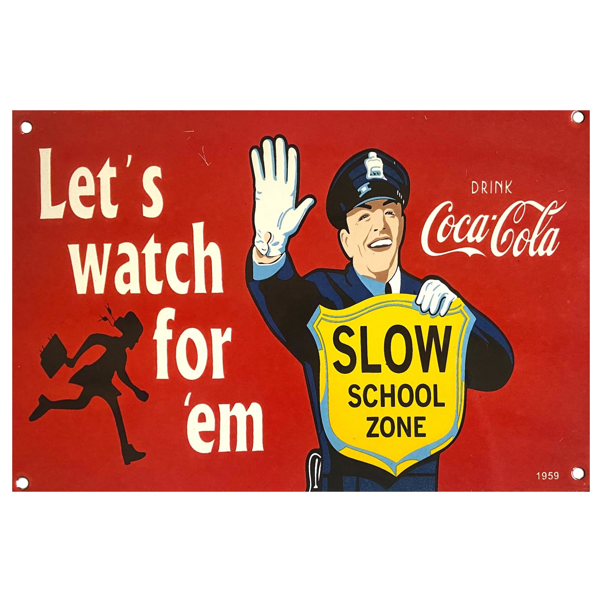 'Slow School Zone' Sign, Coca-Cola x Traffic Cop Original, 1959 For Sale