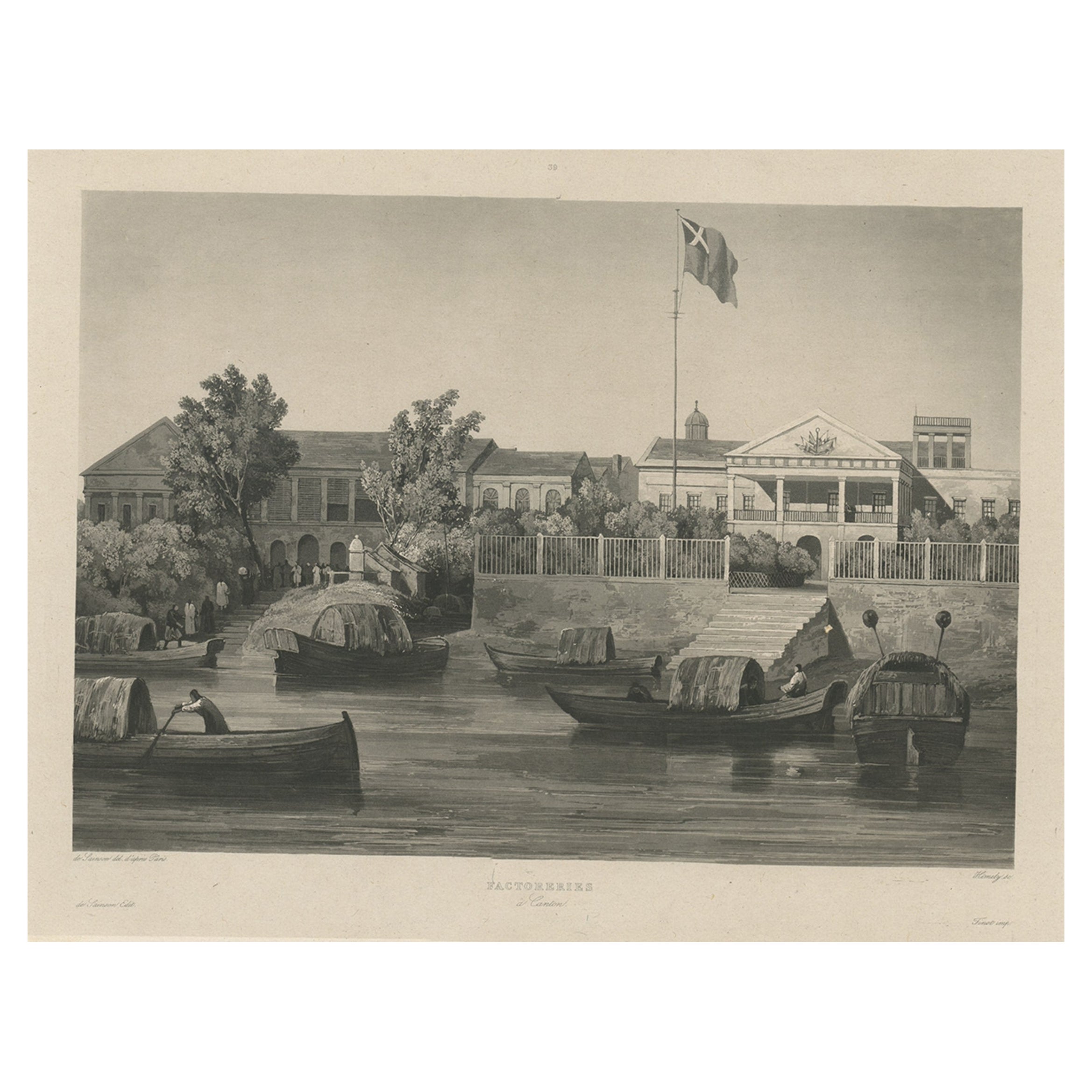 Rare Print of The Factories in Guangzhou, China, 1835 For Sale