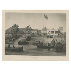 Rare estampe des usines de Guangzhou, en Chine, 1835
