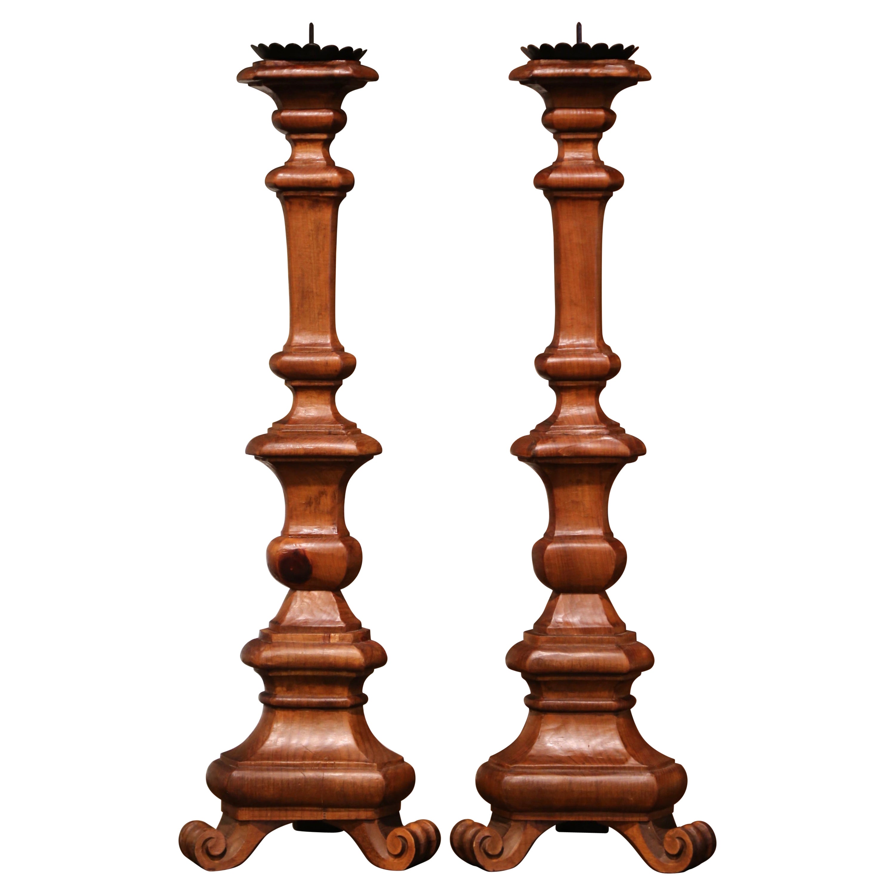 Pair of Mid-Century Italian Carved Elm Cathedral Pricket Candlesticks