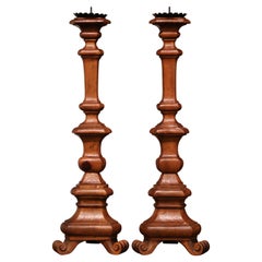 Retro Pair of Mid-Century Italian Carved Elm Cathedral Pricket Candlesticks
