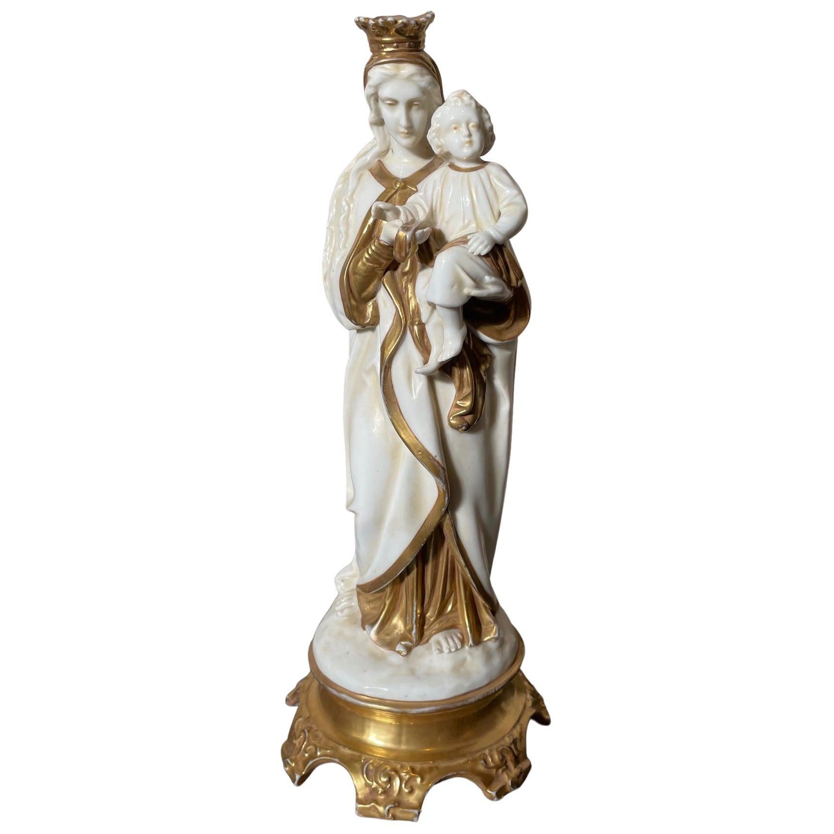 Statue en porcelaine italienne du 19ème siècle représentant une jeune fille avec un enfant, années 1850