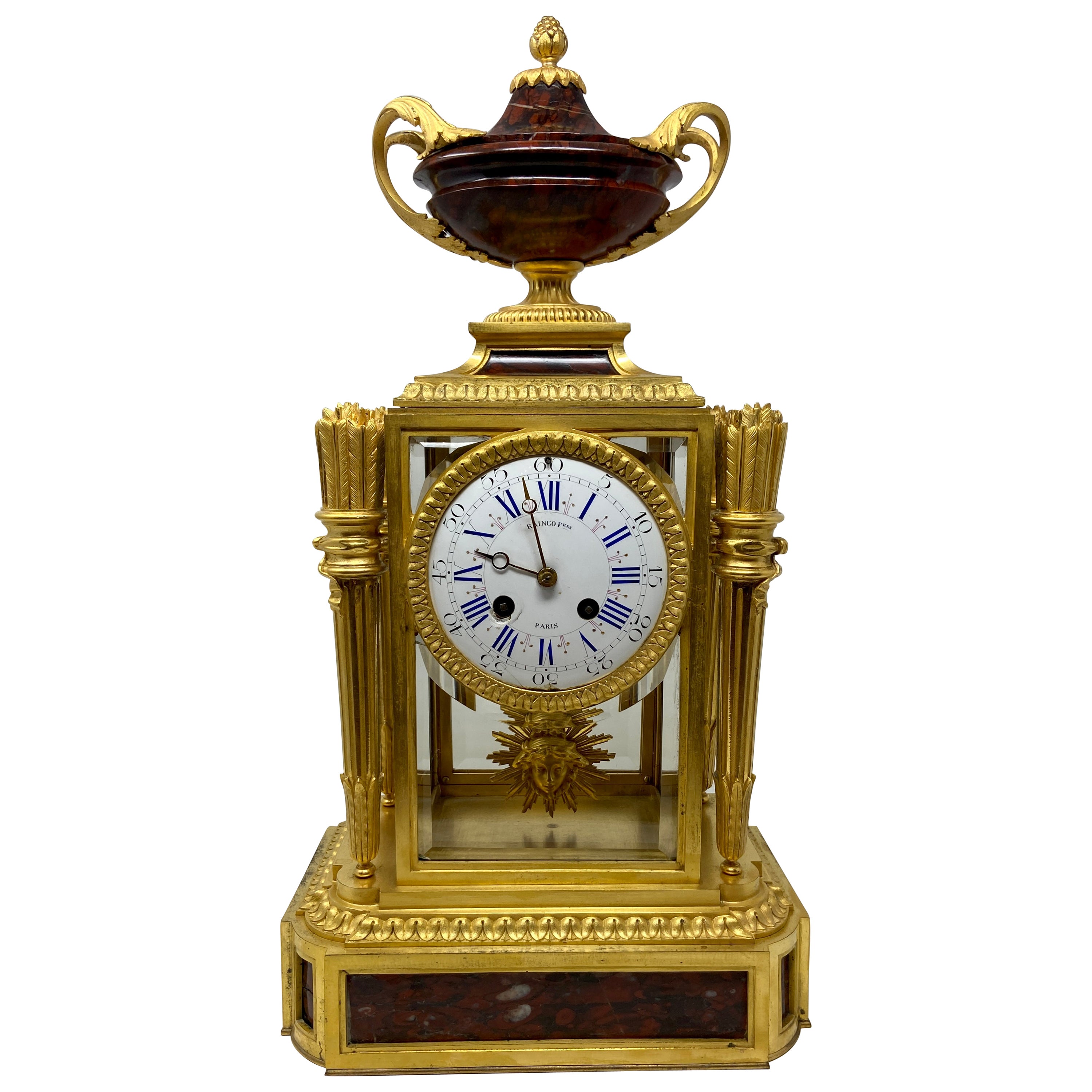 Antique French Louis XVI Bronze D'ore Mantel Clock by Raingo Frères, circa 1890