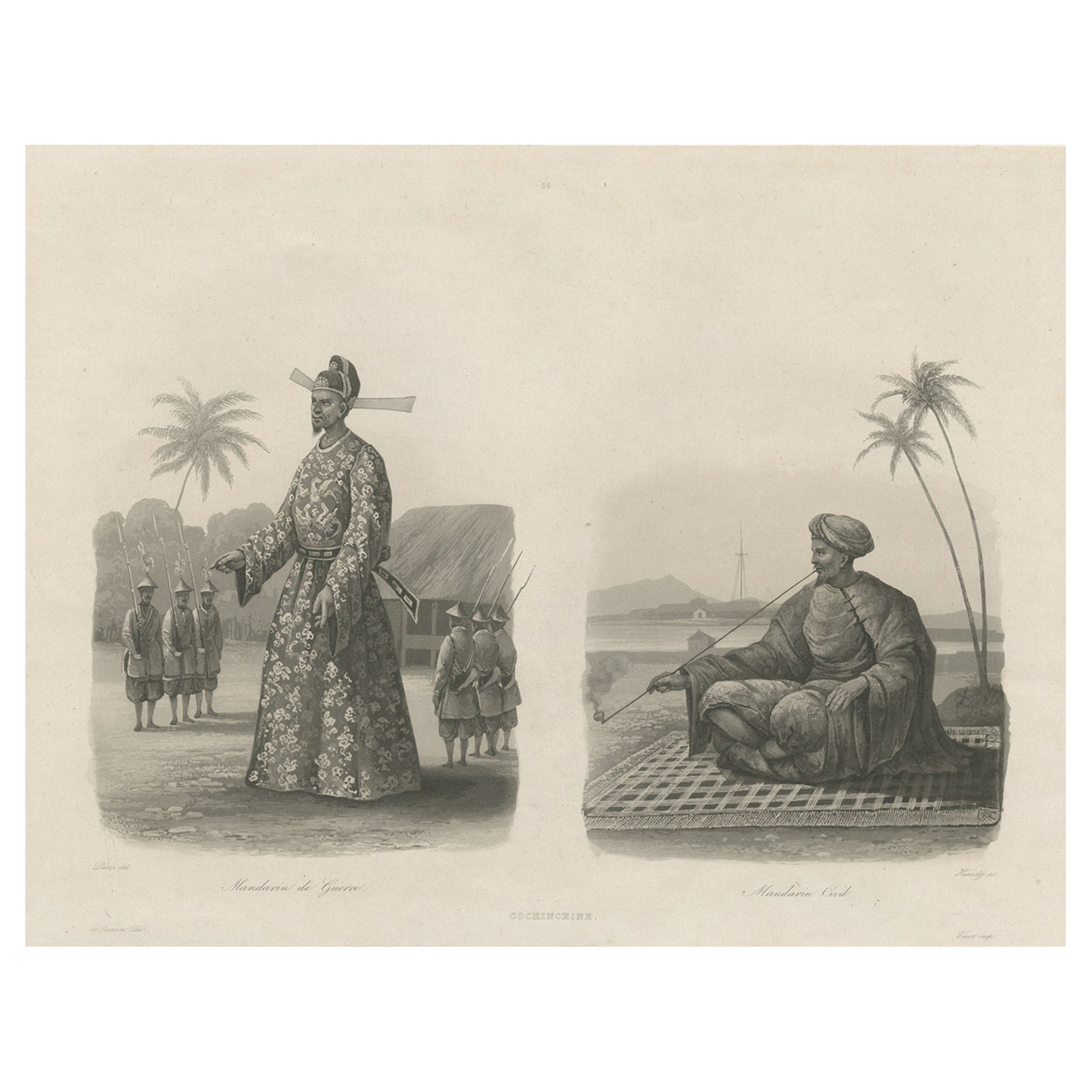 Two Men in Civilian & Military Outfit from Cochinchine or Southern Vietnam, 1830 For Sale